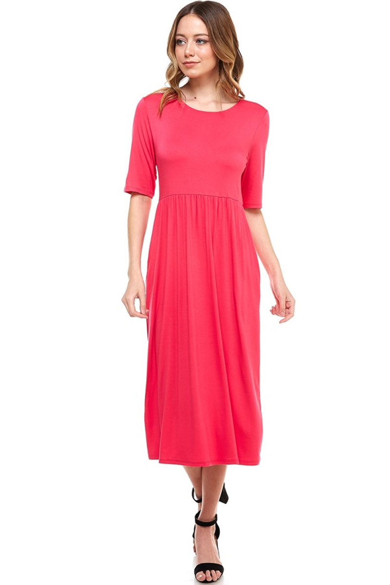 Waist Elastic Midi Dress With Pocket