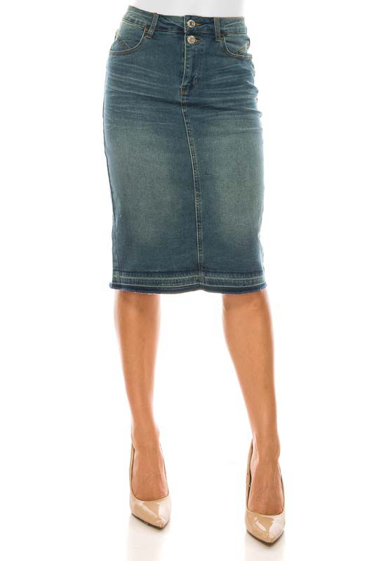 Two Button Front Vintage Wash Denim Skirt