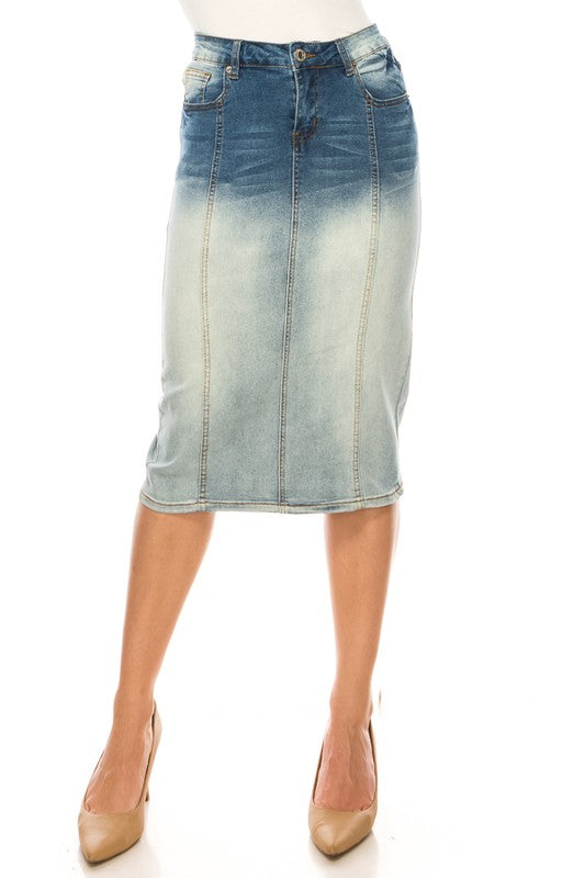 Two-Tone Knee Length Denim Skirt