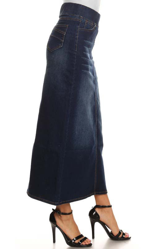 Long Elastic Waist Denim Skirt in Dark Indigo