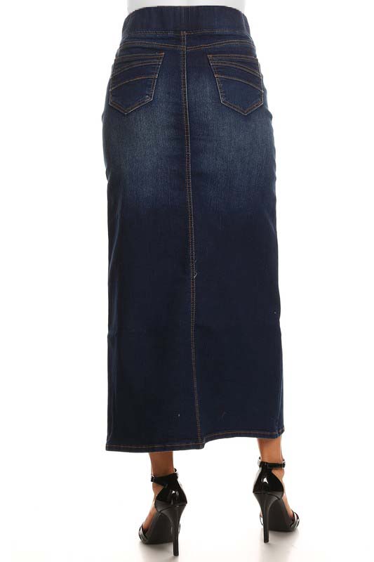 Long Elastic Waist Denim Skirt in Dark Indigo