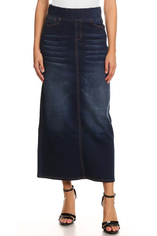 Long Elastic Waist Denim Skirt in Dark Indigo