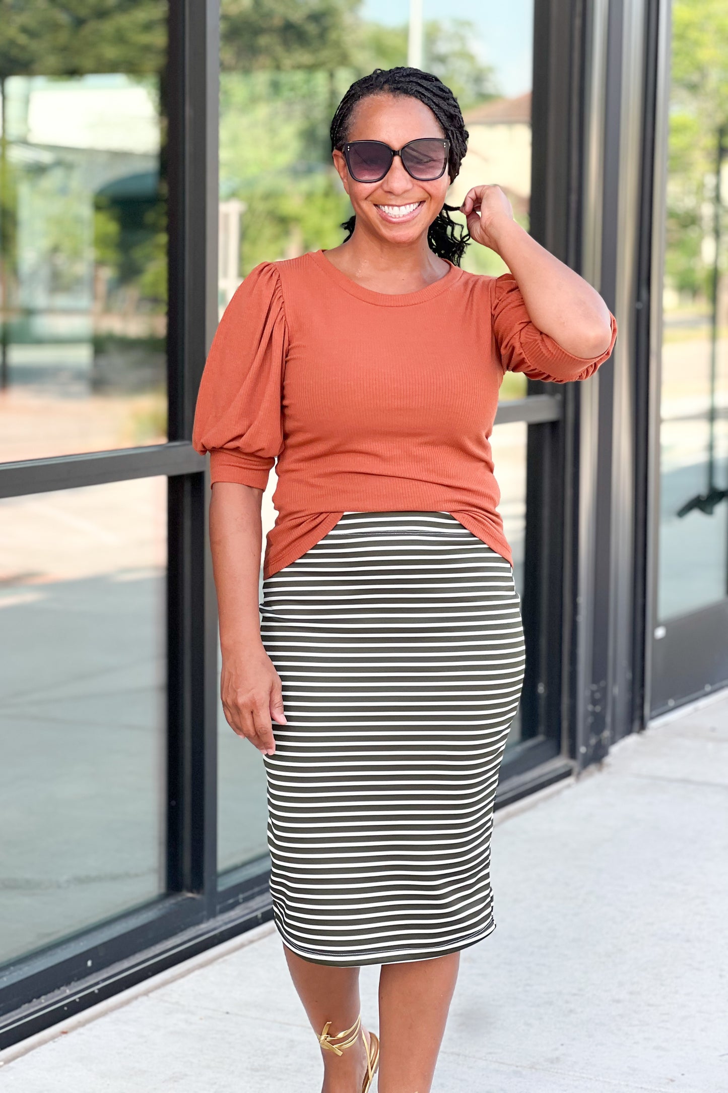 Riley Basic Skirt in Olive & White Stripe