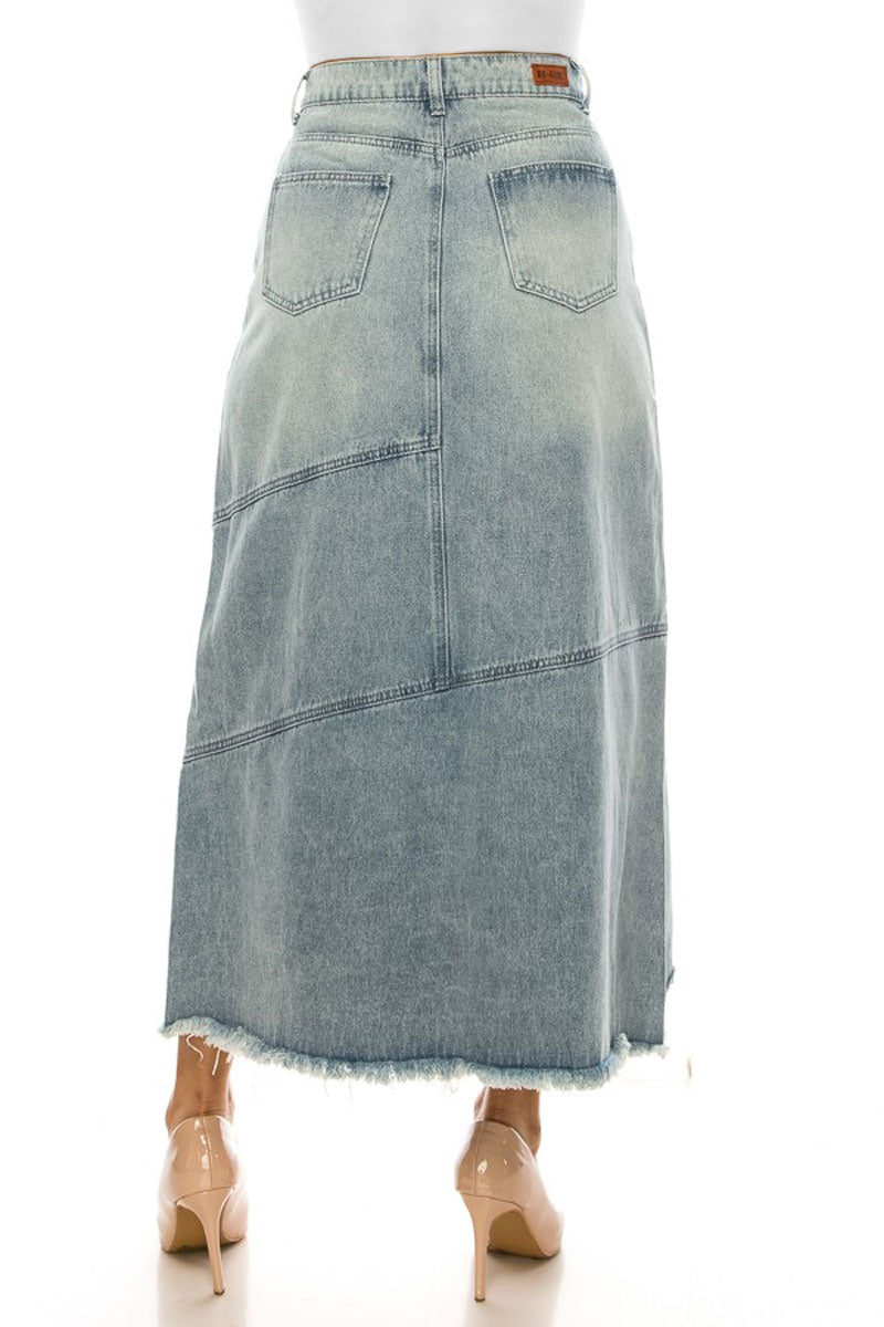 Ripped-Frayed Long Denim Skirt