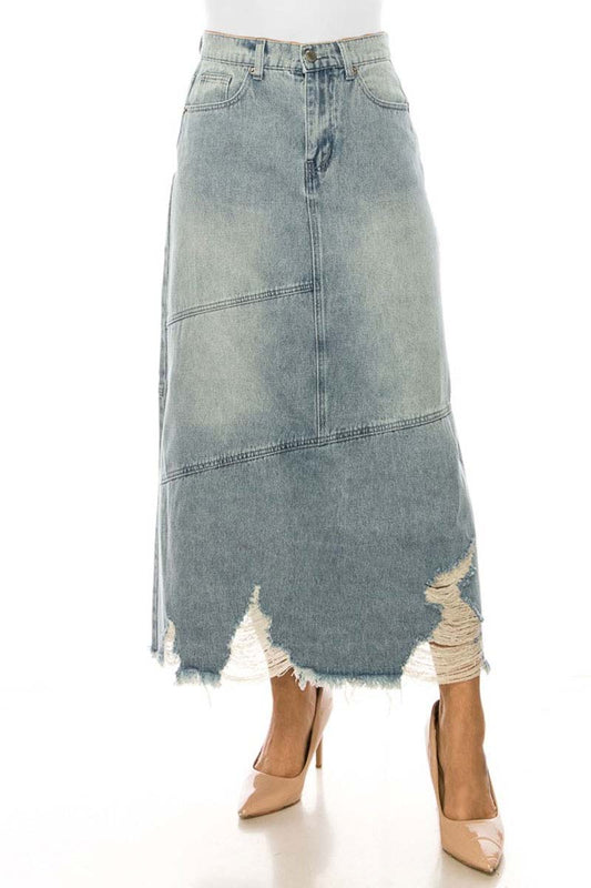 Ripped-Frayed Long Denim Skirt