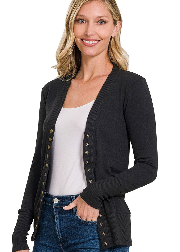 Snap Button Sweater Cardigan With Ribbed Detail