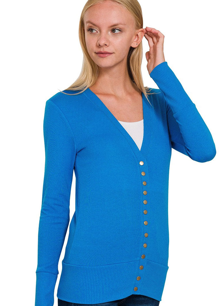 Snap Button Sweater Cardigan With Ribbed Detail