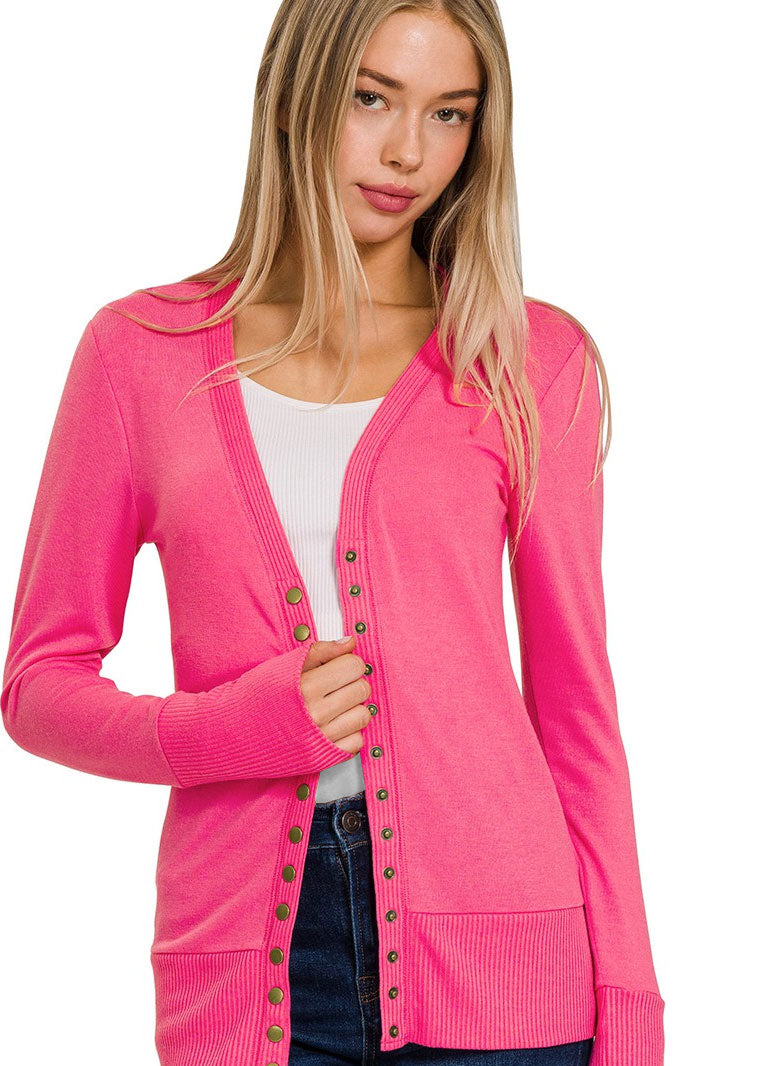 Snap Button Sweater Cardigan With Ribbed Detail