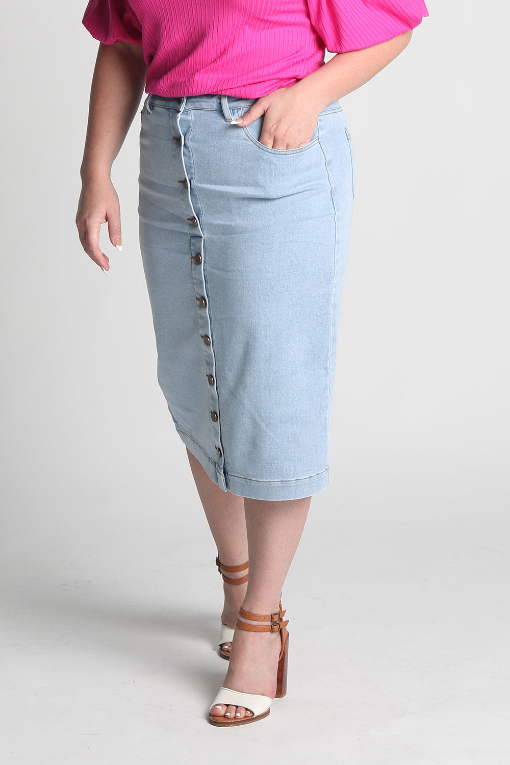 Evelyn Light Wash Faux Button Down Denim Skirt