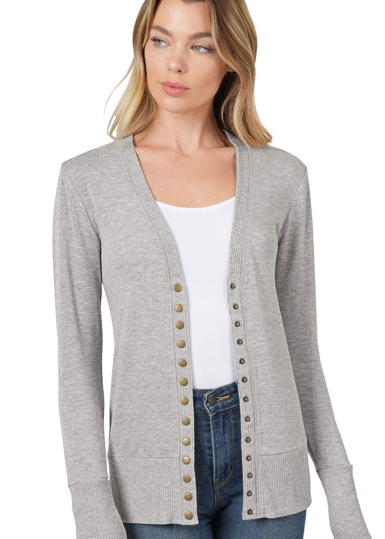 Snap Button Sweater Cardigan With Ribbed Detail