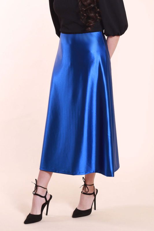 Arie Royal Blue Satin Midi Skirt