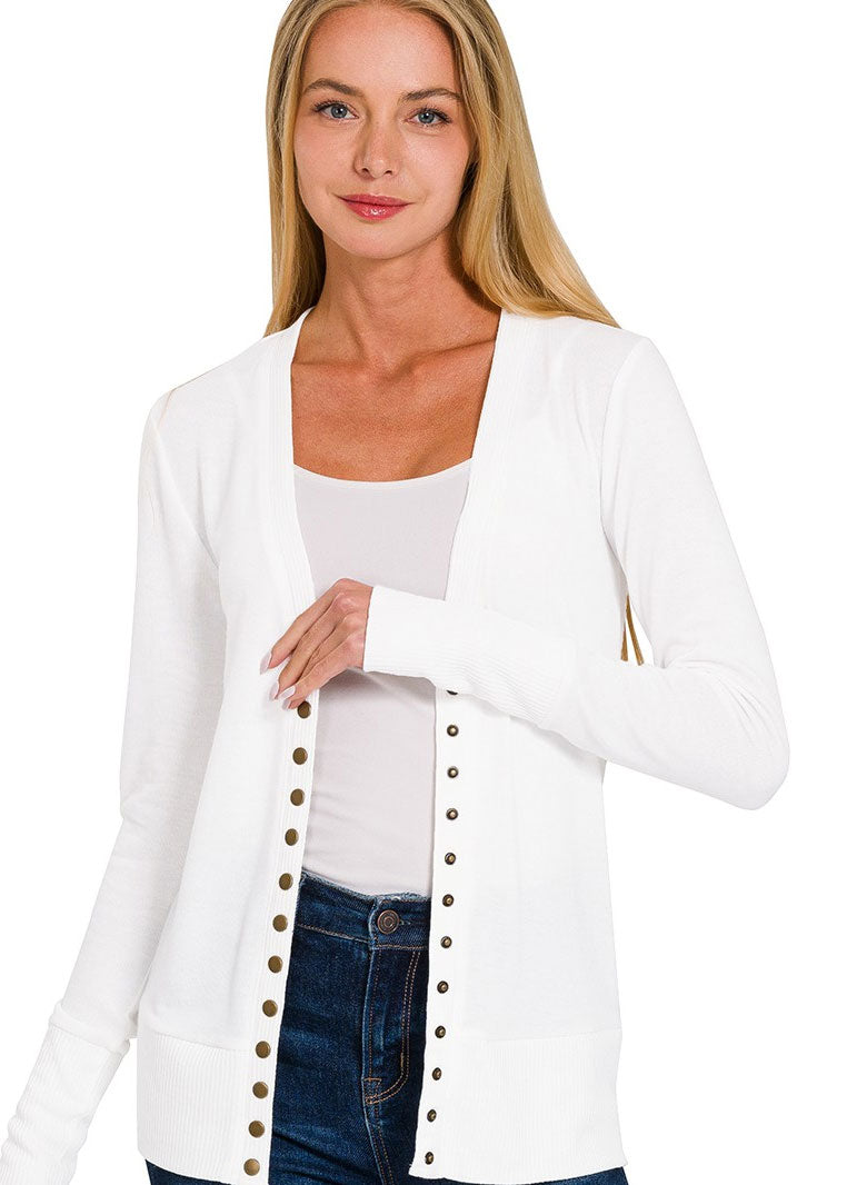 Snap Button Sweater Cardigan With Ribbed Detail