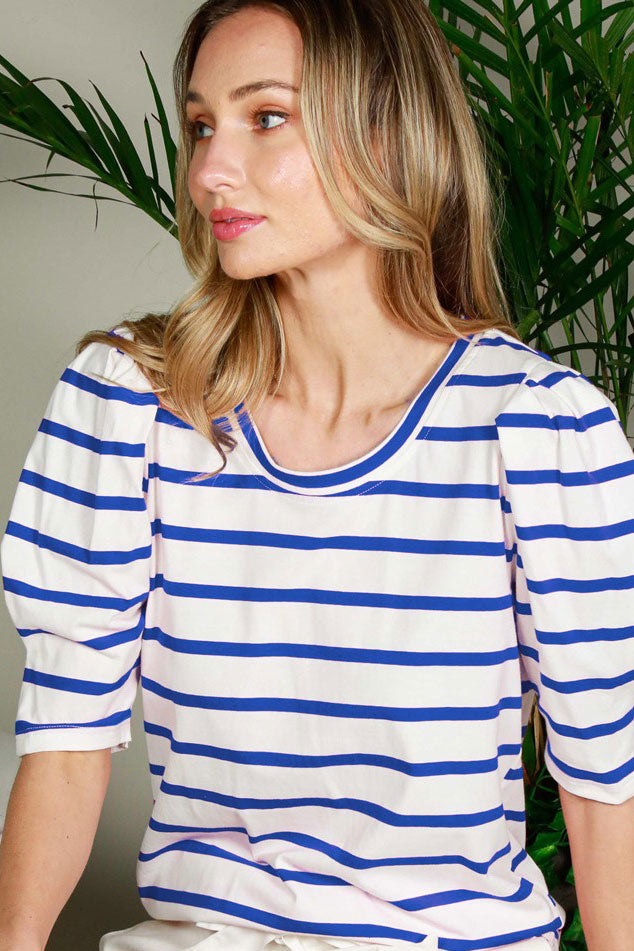 Scoop Neck Short Puff Sleeve Striped Top