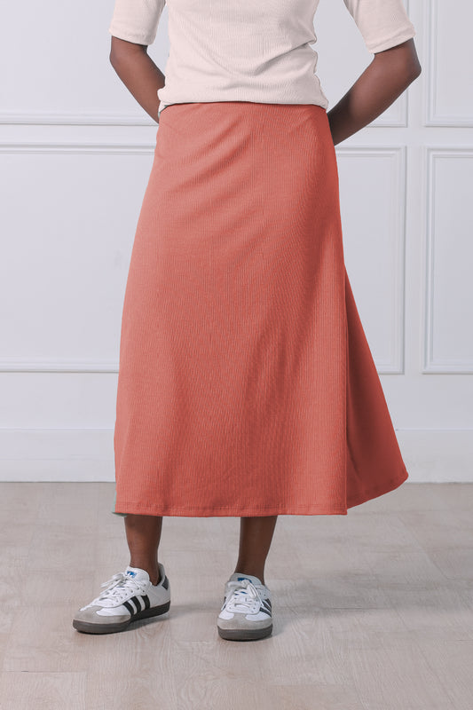 Rust Ribbed Midi Skirt