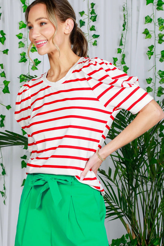 Scoop Neck Short Puff Sleeve Striped Top