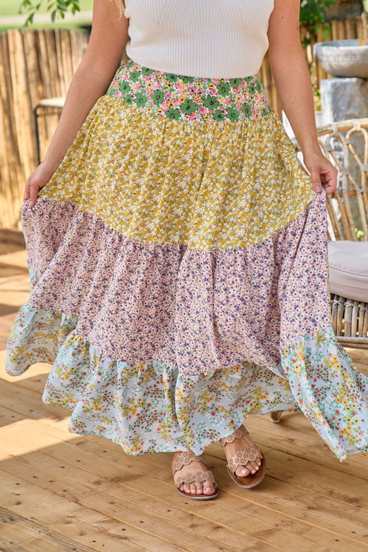 Floral print mixed maxi skirt (plus size only)